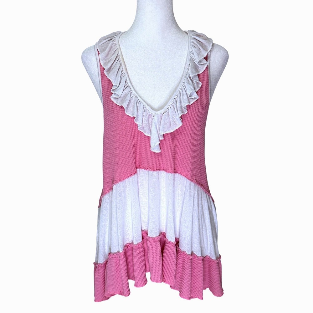 POL Waffle Knit Tank Top Women Medium Pink White Ruffle Tiered Boho FKT554
